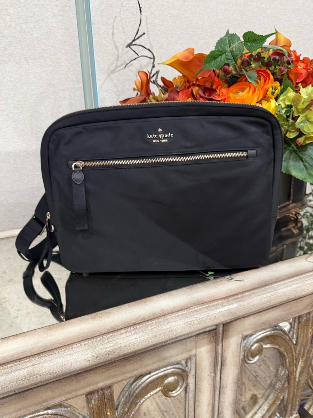 kate spade Black Nylon Crossbody Messenger Bag with Gold Hardware Laptop Bag
